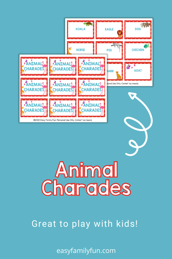 teal background, with images of animal charades cards and bold white text that states "Animal Charades" 
