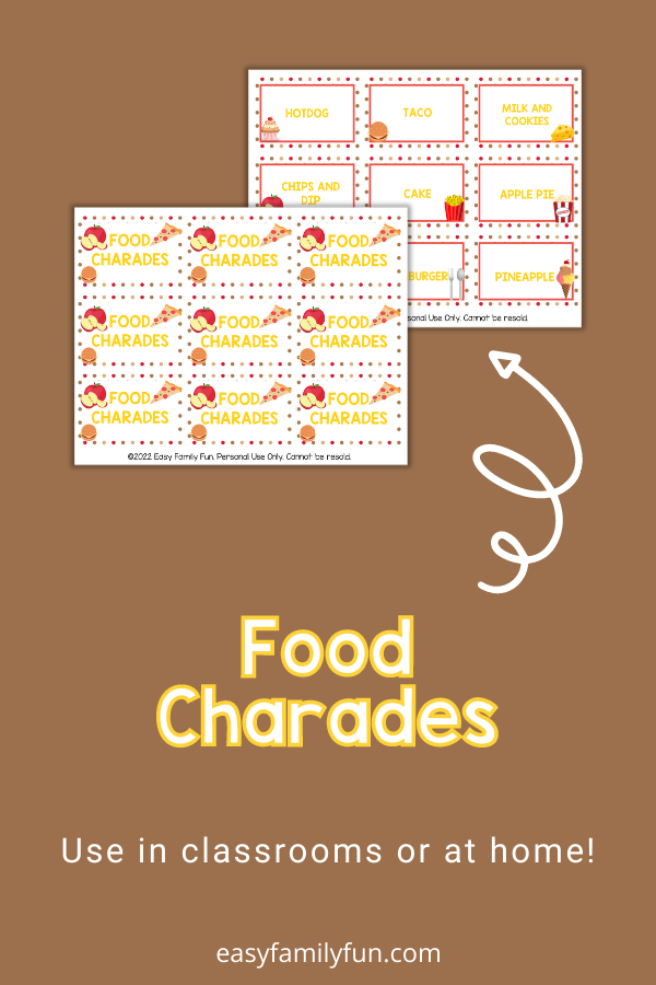 brown background, with images of food charades cards and bold white text stating "Food Charades"