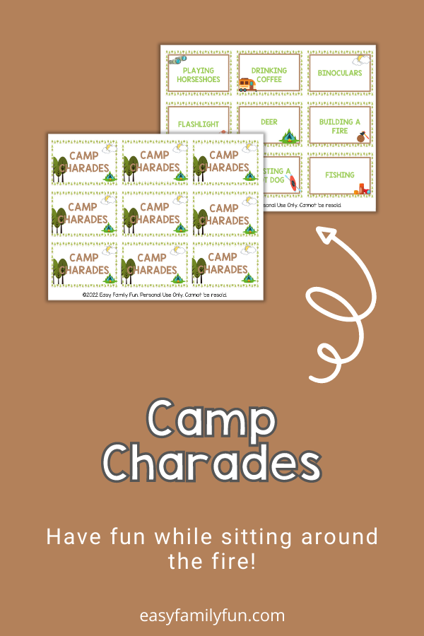 brown background, with images of camp charades cards and bold white text stating "Camp Charades"