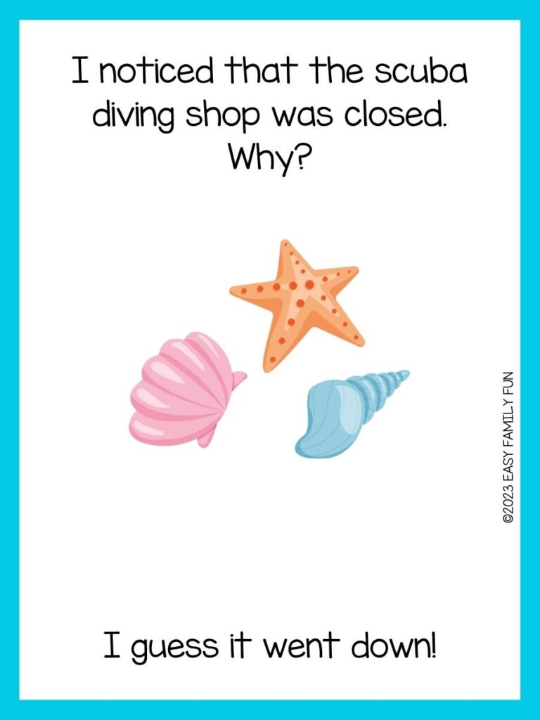 Beach riddle on white background with blue borders and peach starfish and pink and blue seashells