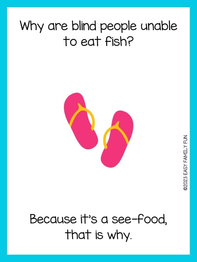 Beach riddle on white background with aqua blue borders and hot pink and yellow flip flops