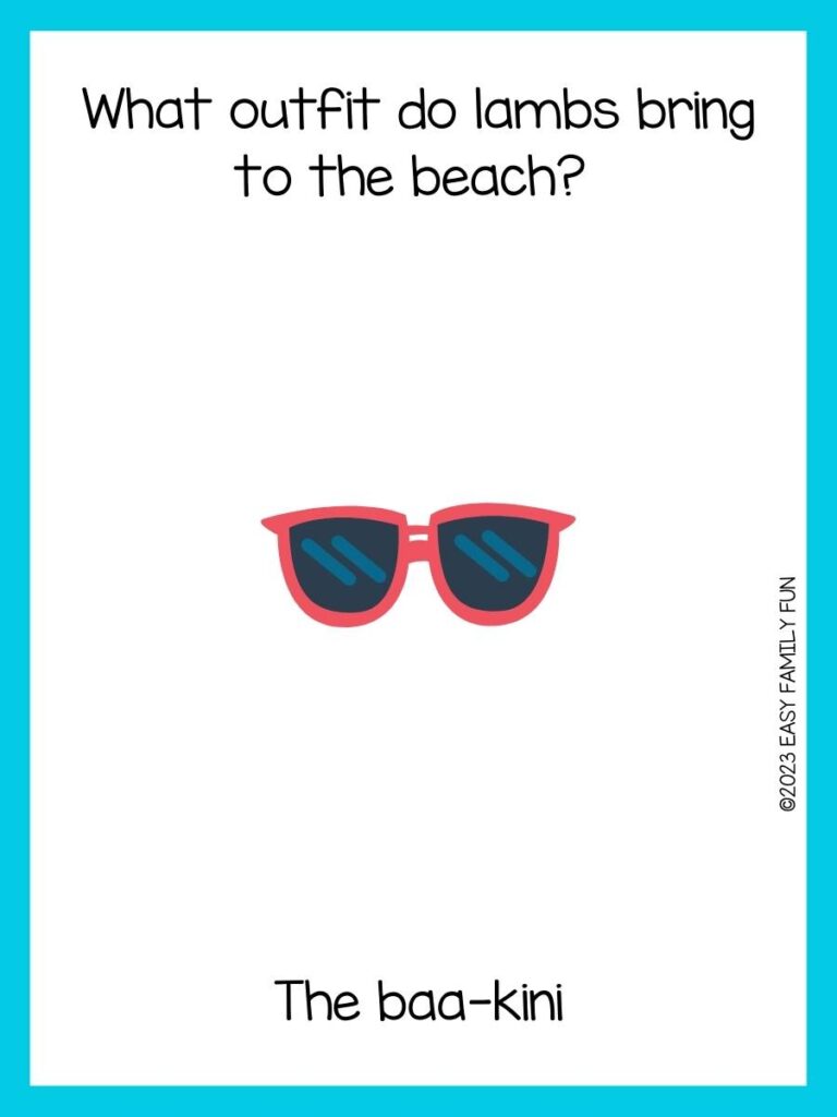 Beach riddle on white background with aqua borders and red sunglasses with black lenses