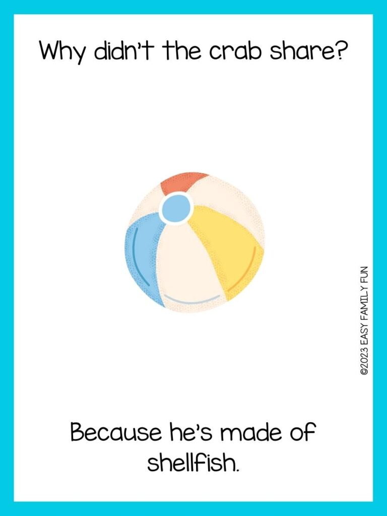 Beach riddle on white background with blue borders and red, yellow, white, and blue beach ball