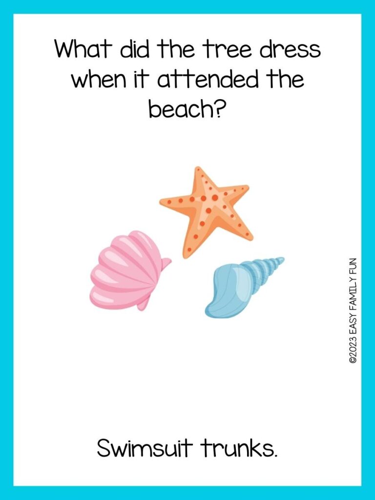 Beach riddle on white background with aqua border and pink and blue shells and peach starfish