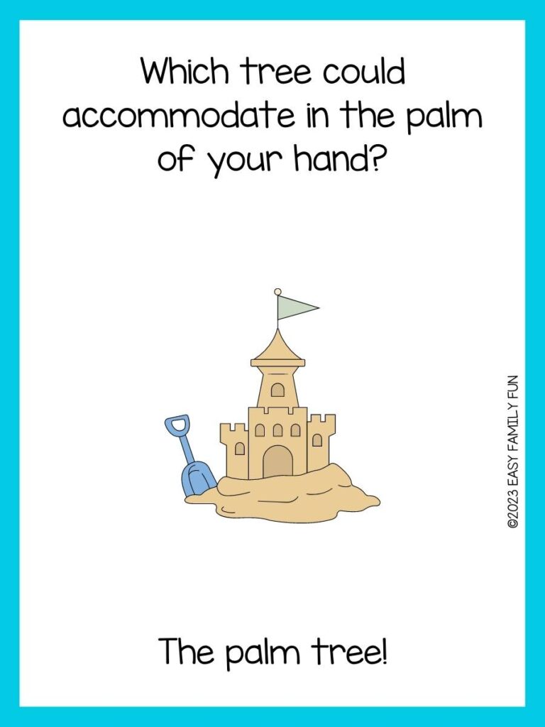 Beach riddle with white background and blue border and sandcastle with pale green flag next to blue shovel