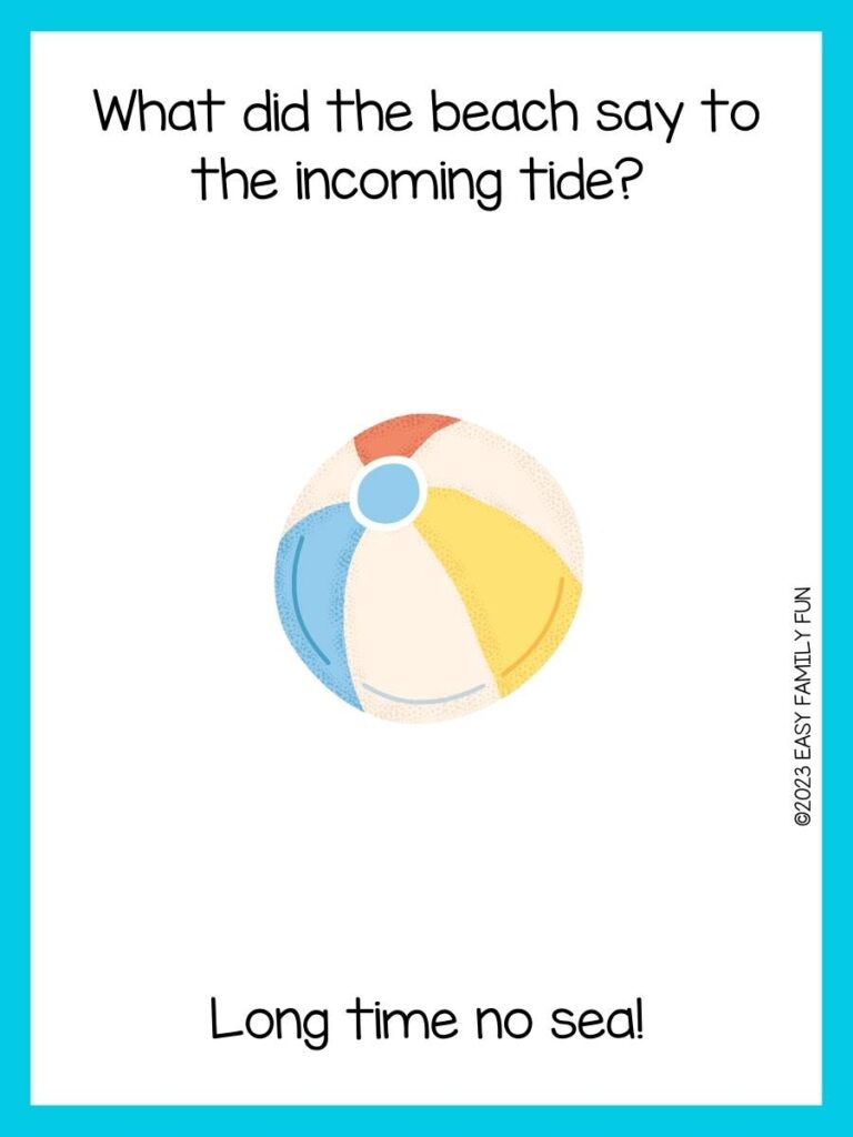 Beach riddle on white background with blue border and yellow, cream, red, and blue vintage beach ball