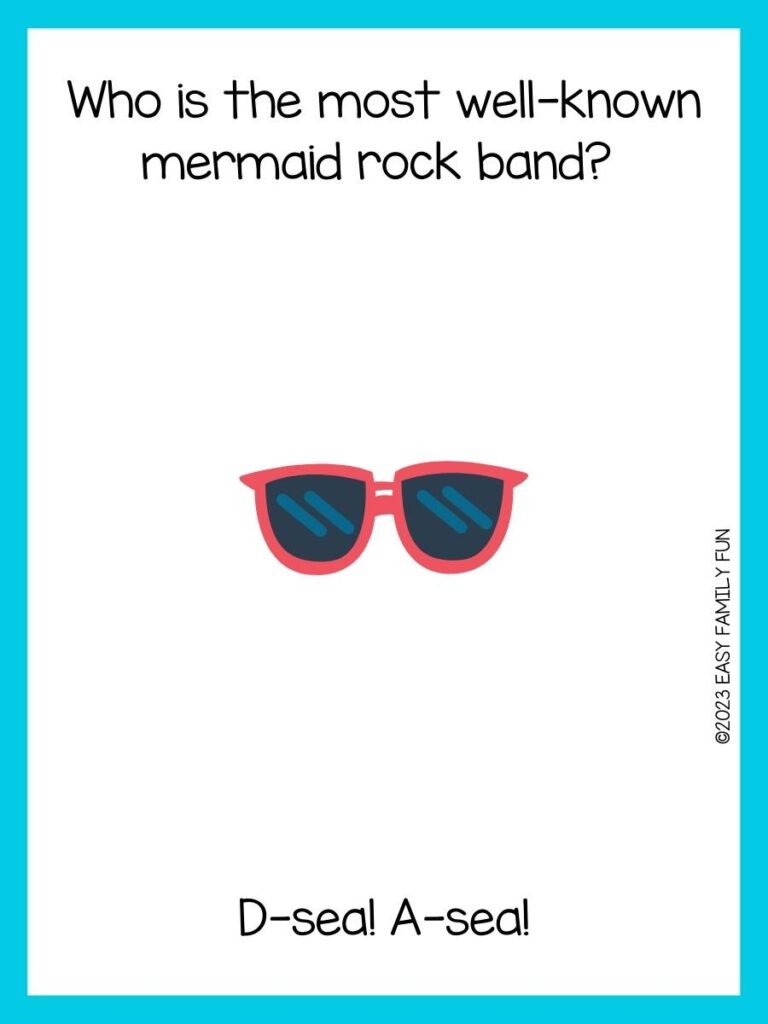 Beach riddle on white background with aqua blue borders and red sunglasses with black lenses