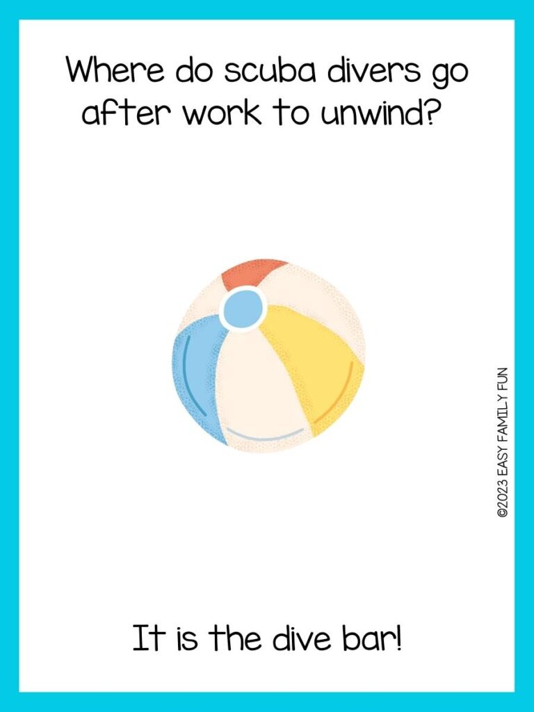 Beach riddle on white background with aqua blue borders and blue, yellow, red, and cream beach ball