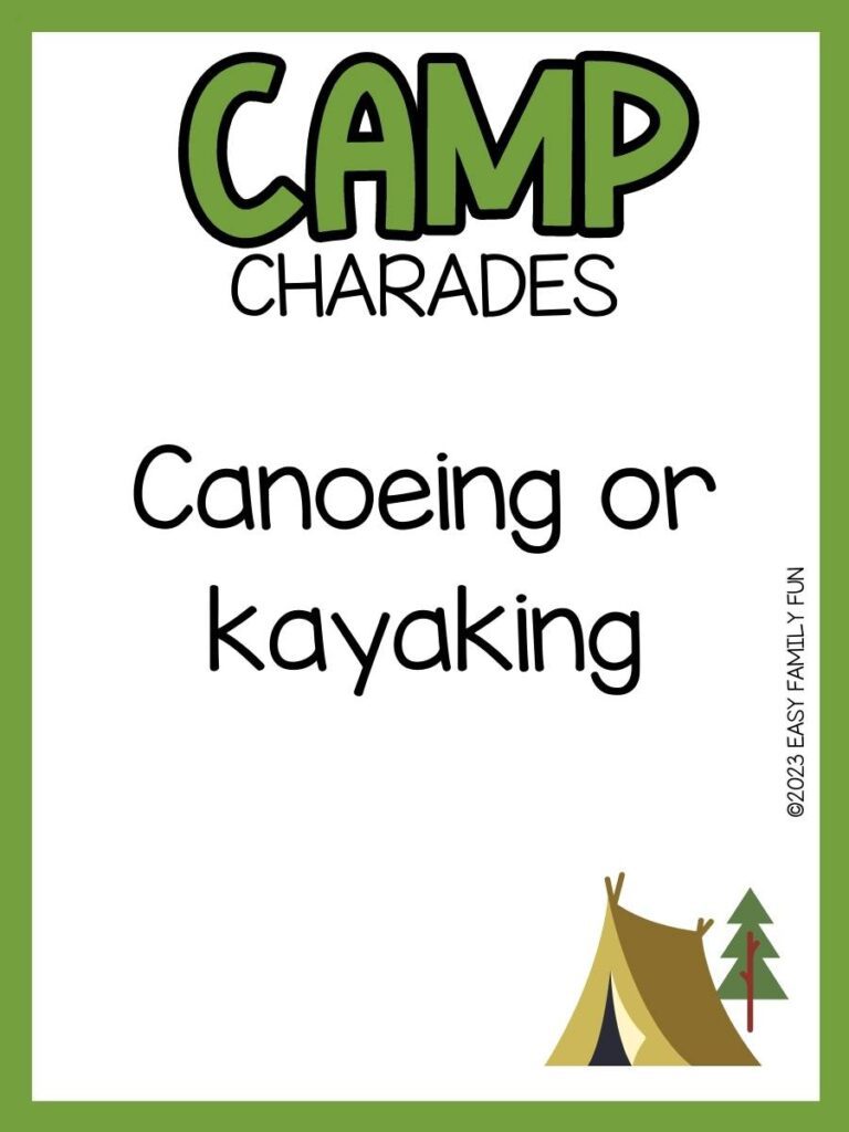 Camp charade with white background and green border with small tan tent and green pine tree in bottom right corner