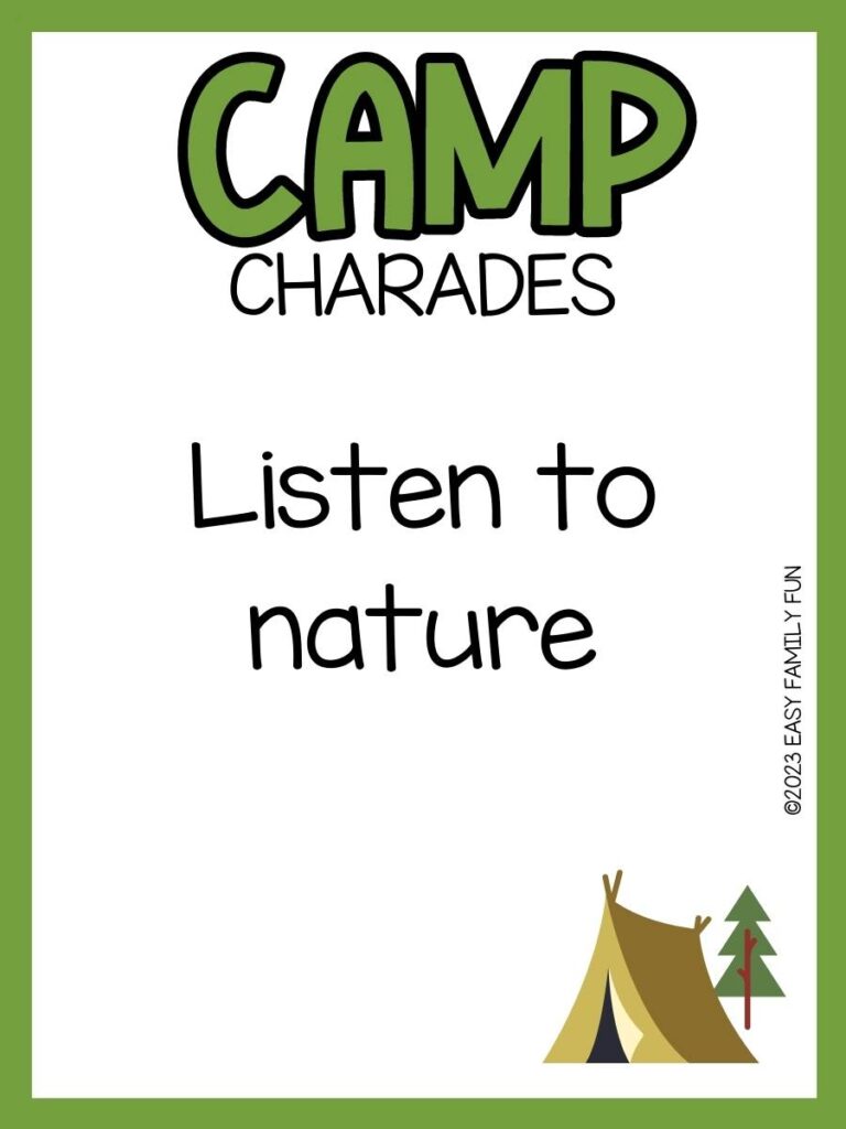 Camp charade with white background and green border with small tan tent and green pine tree