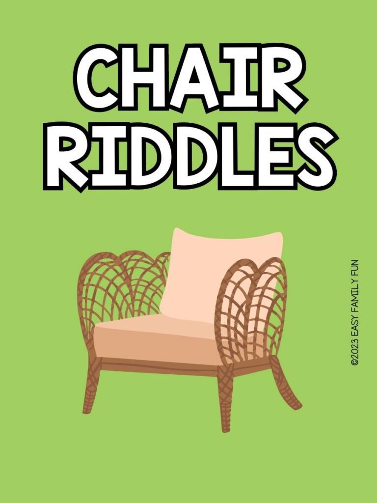 Chair Riddles title on a green background with a woven patio chair in brown with cream square cushions.