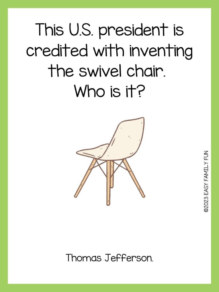 Chair riddle with a white plastic molded chair with four legs connected with crisscrossed wire facing backward with a green border.
