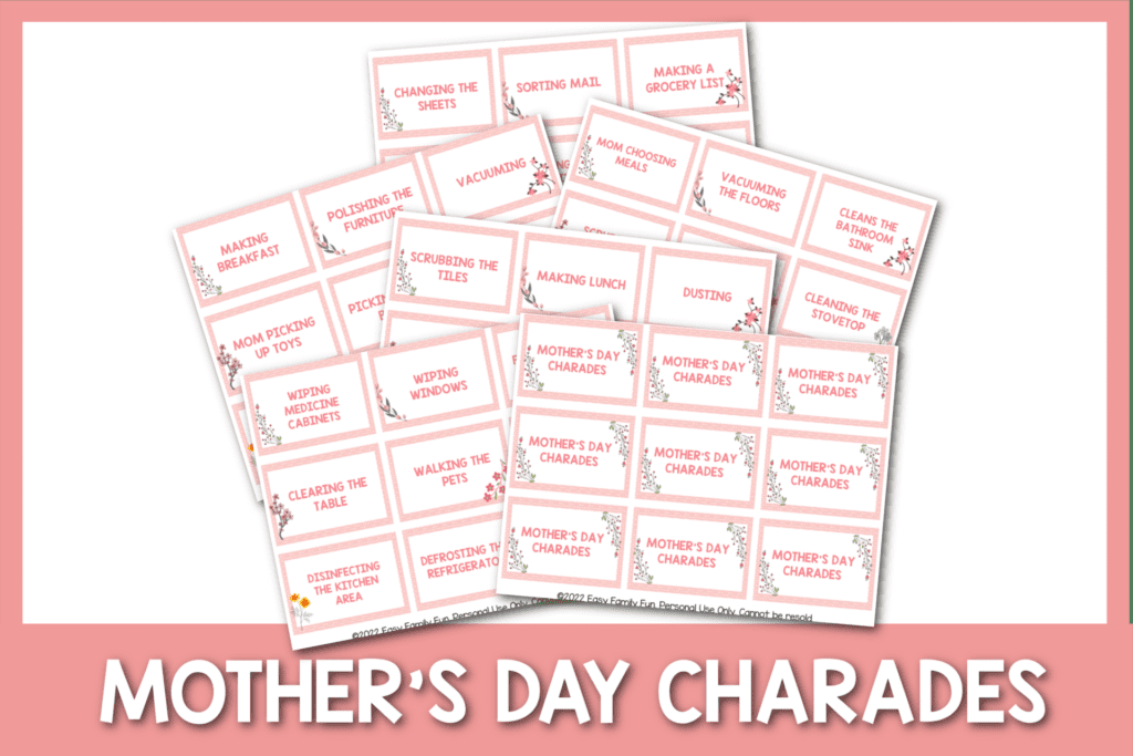 pink border with white background, with images of mother's day charades cards