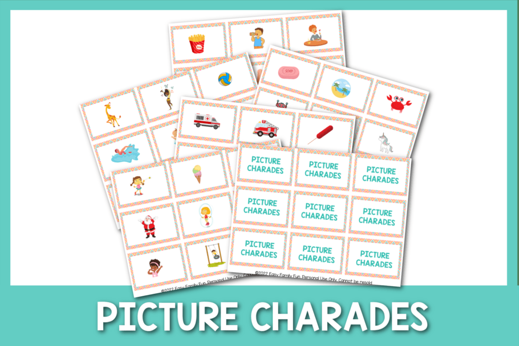 teal border with white background, with images of picture charades cards