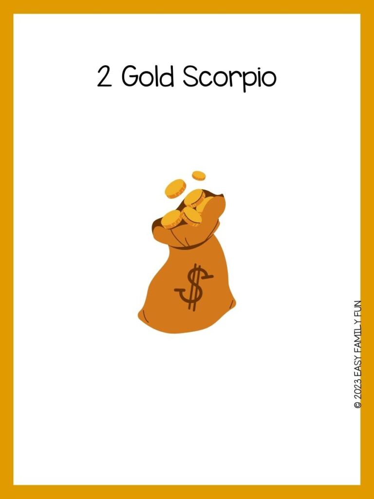 Gold pun with a brown bag of gold coins with a dollar sign on it with a gold border.