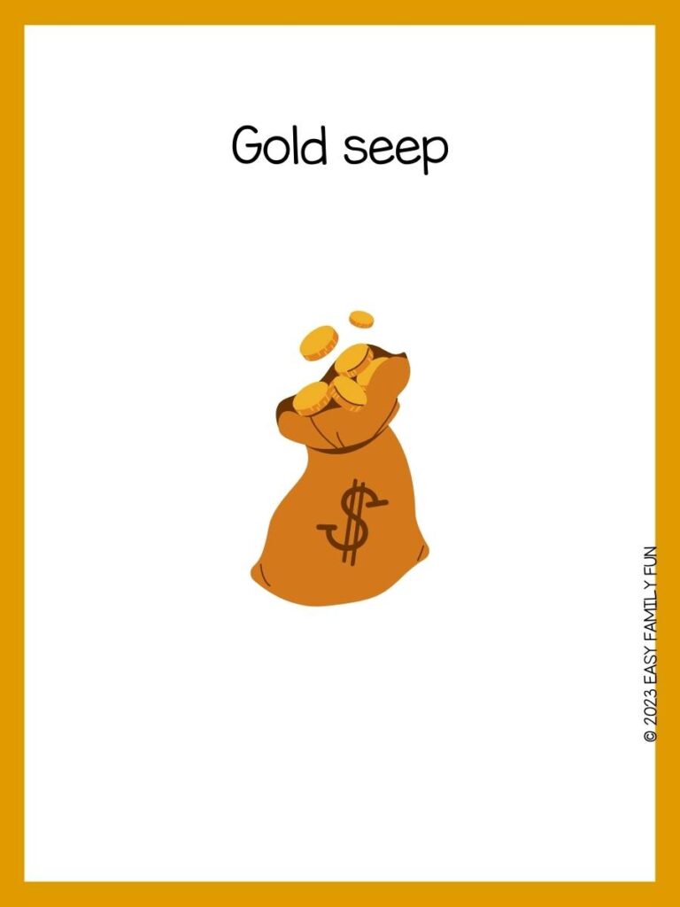 Gold pun with a brown bag of gold coins with a dollar sign on it with a gold border.