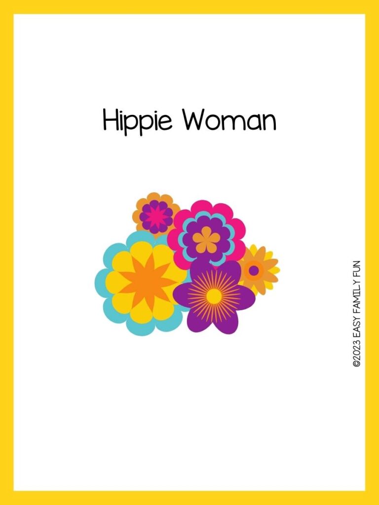 Purple, pink, blue and yellow flowers on white background with yellow border and hippie puns.