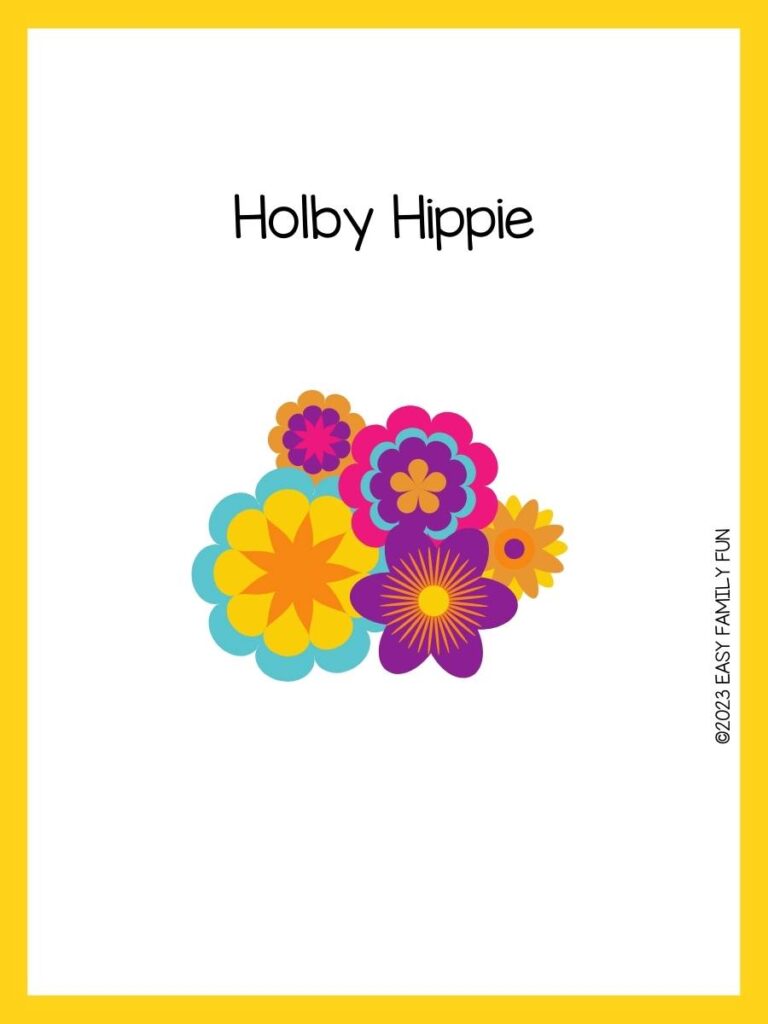 Purple, pink, yellow and blue flowers on white background with yellow border and hippie pun.