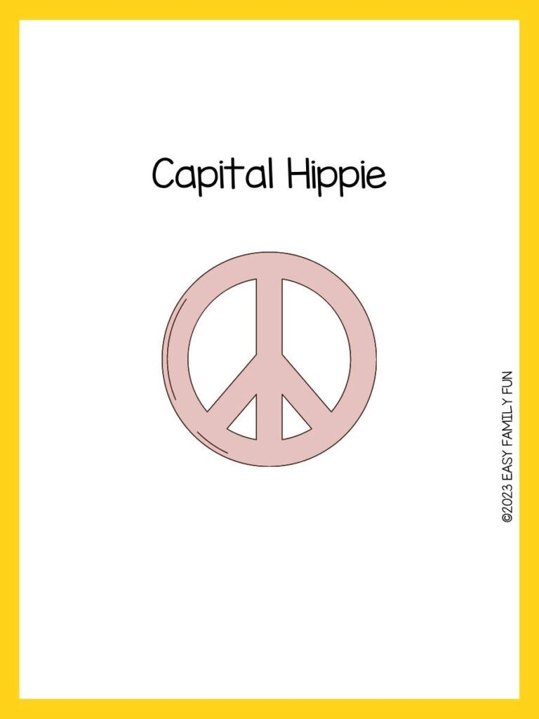 White background with yellow border and pink peace sign with hippie pun.