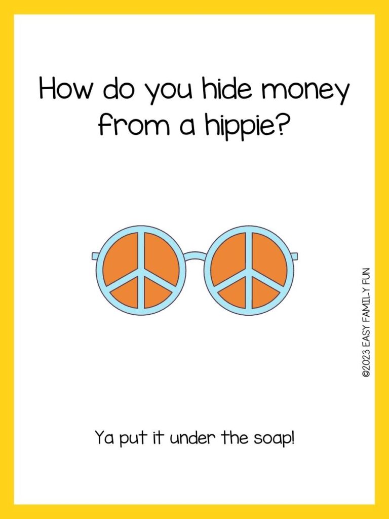 Blue and orange peace sign sunglasses with yellow border and hippie pun