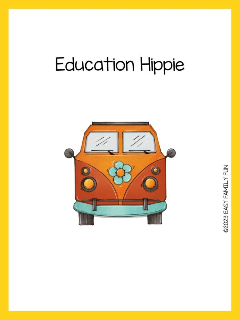 Red and orange vintage bus on white background with yellow border and hippie pun.