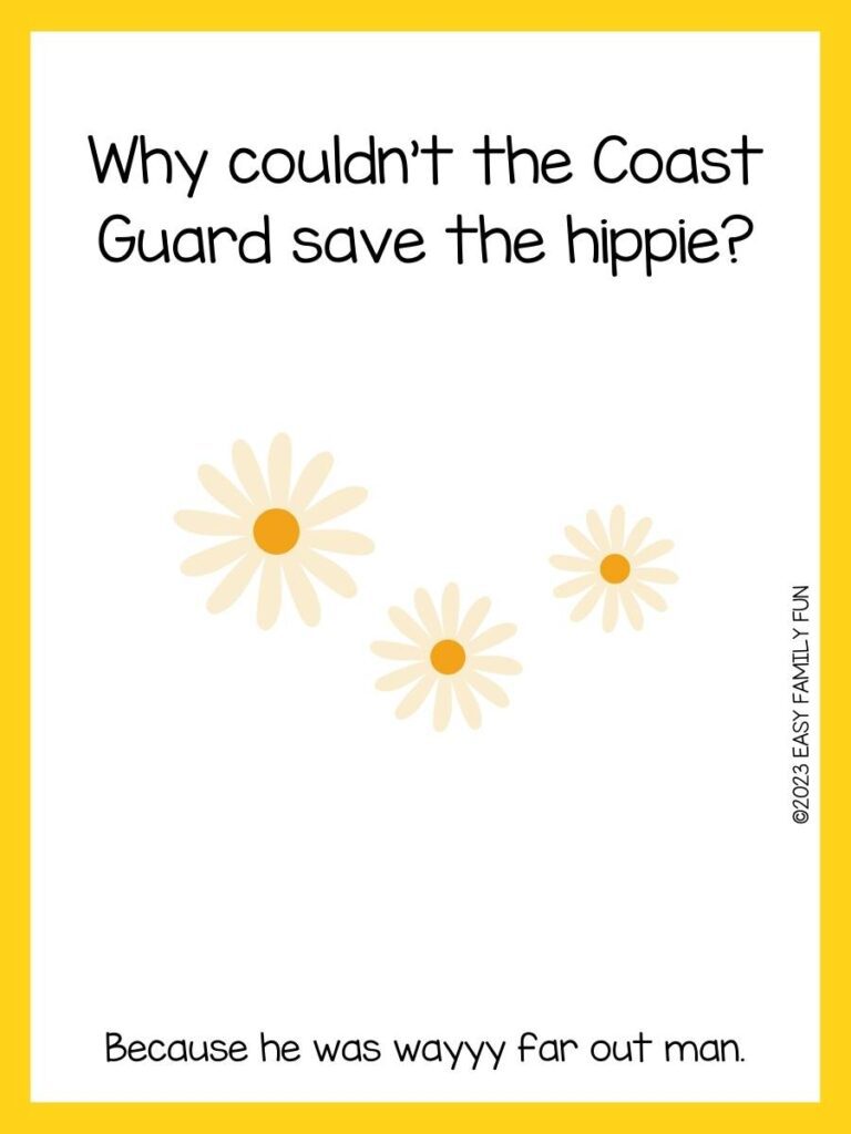 white background with yellow border and cream colored flower graphic and hippie pun.