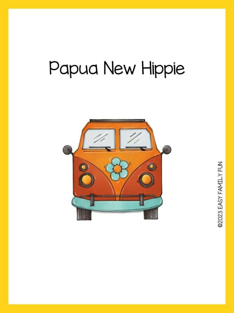 Red, orange and blue vintage bus on white background with yellow border and hippie pun.