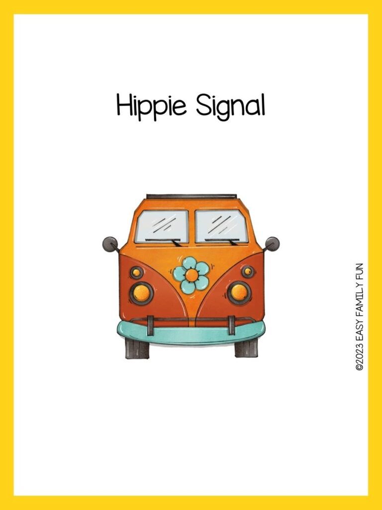 Orange, red and blue vintage bus on white background with yellow border and hippie pun.