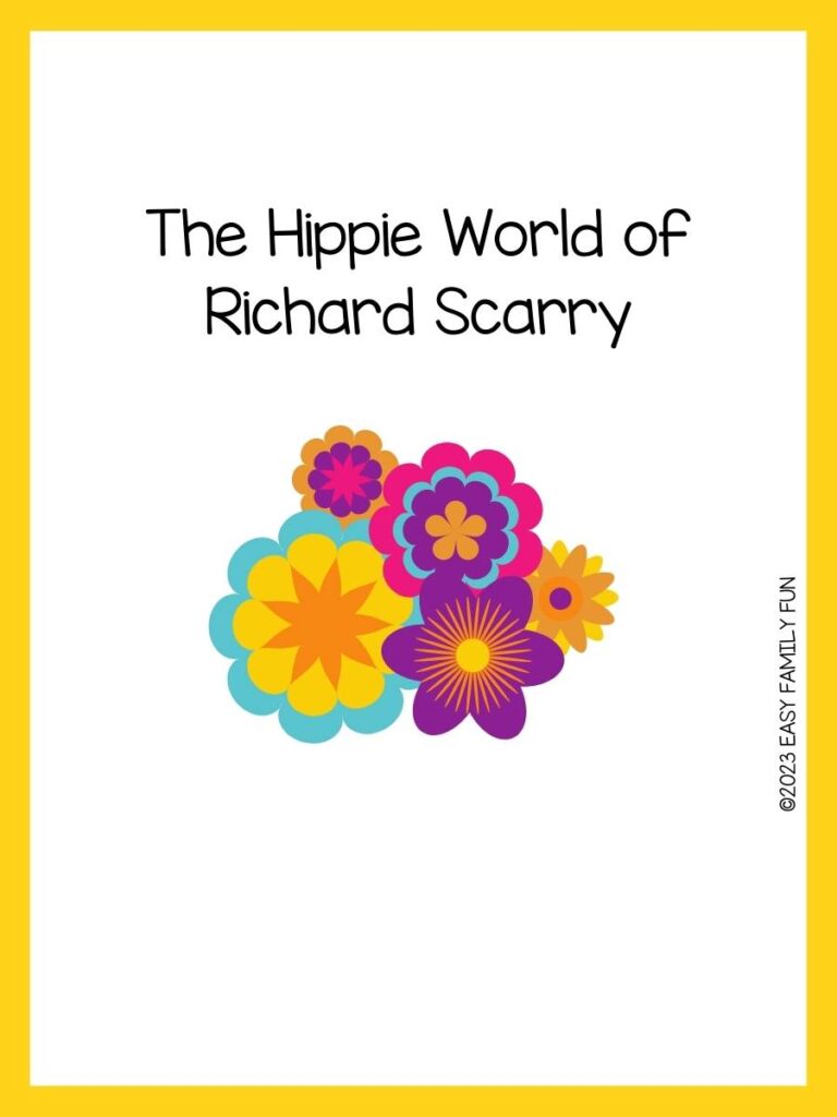 Blue, yellow, purple and pink flowers on white background with yellow border and hippie pun