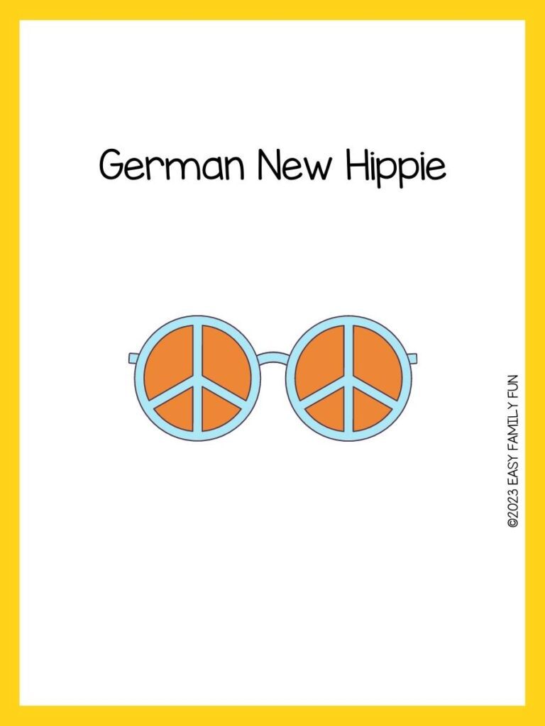 Orange and blue peach sign glasses on white background with yellow border and hippie pun.