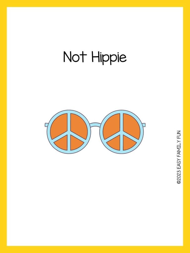 Orange and blue peace sign on white background with yellow border and hippie pun.