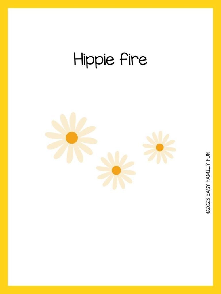 Three yellow and cream flowers on white background with yellow border and hippie pun.