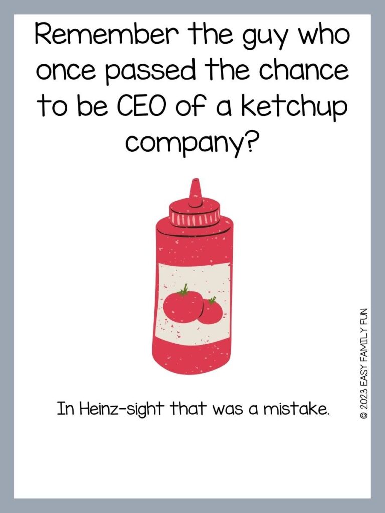 Red bottle with pointy top and white label, with grey border and ketchup joke for kids.