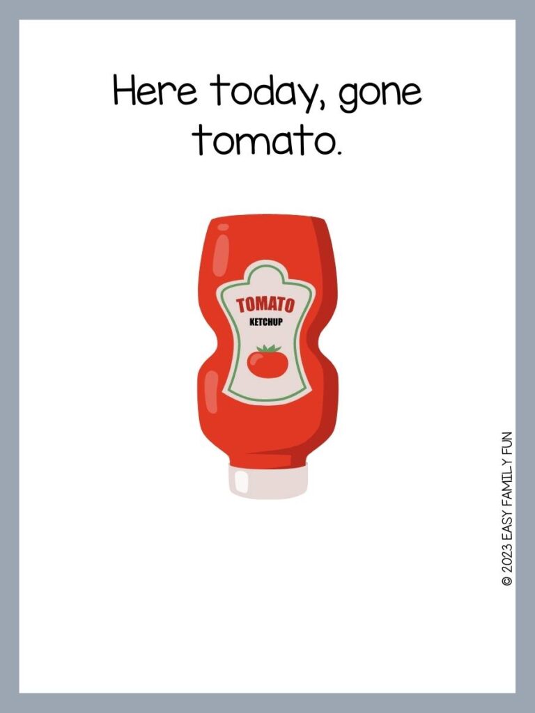 Red bottle with white label with tomato graphic with grey border and ketchup pun for kids.