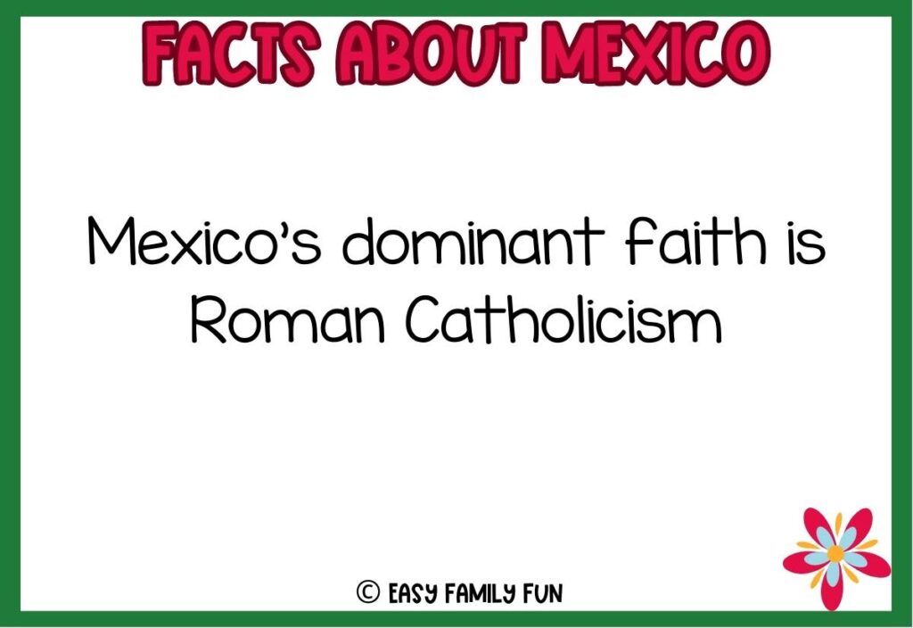 Mexico fact with small red, blue, and yellow flower in bottom, right corner with thick green border. 