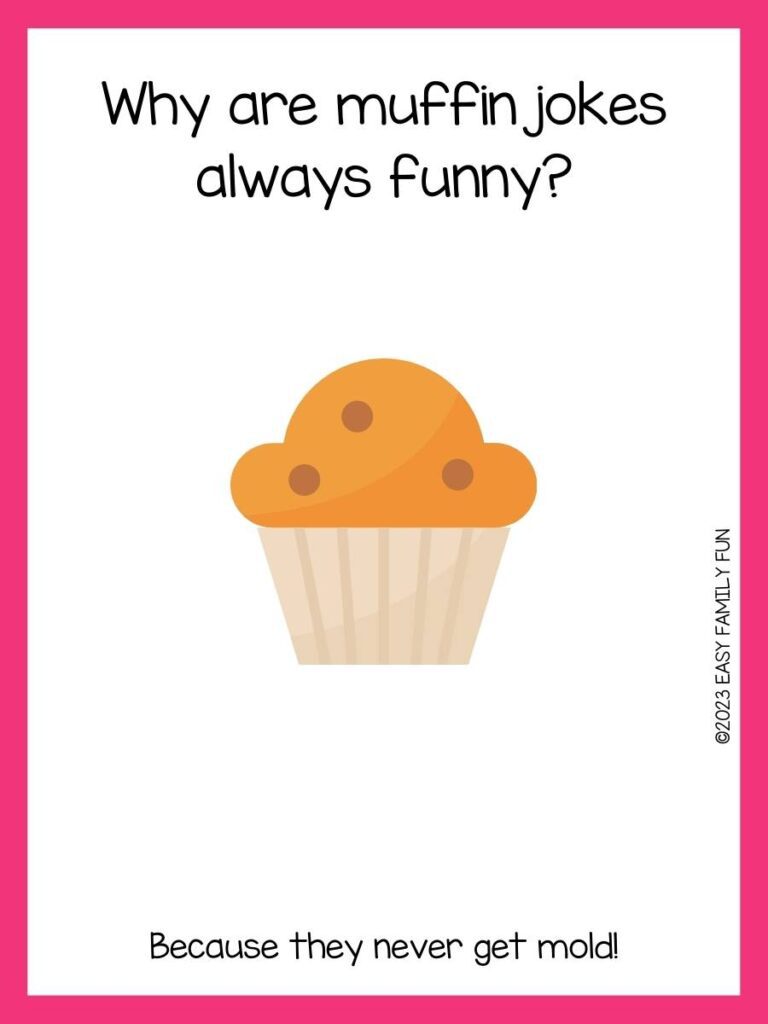 Brown muffin with spots on white background with pink border and muffin pun.