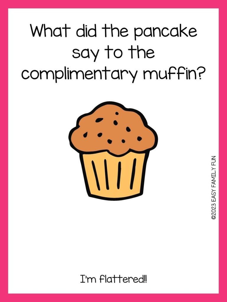 Brown muffin on white background with pink border and muffin pun