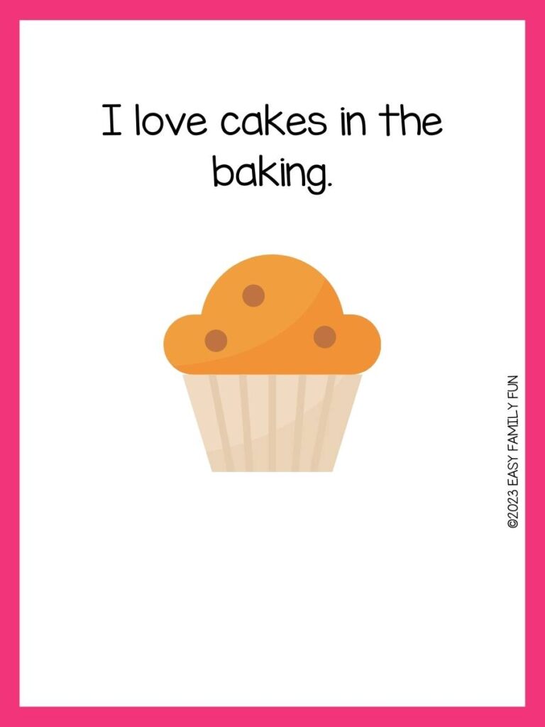 Light brown muffin on white background with pink border and muffin pun.