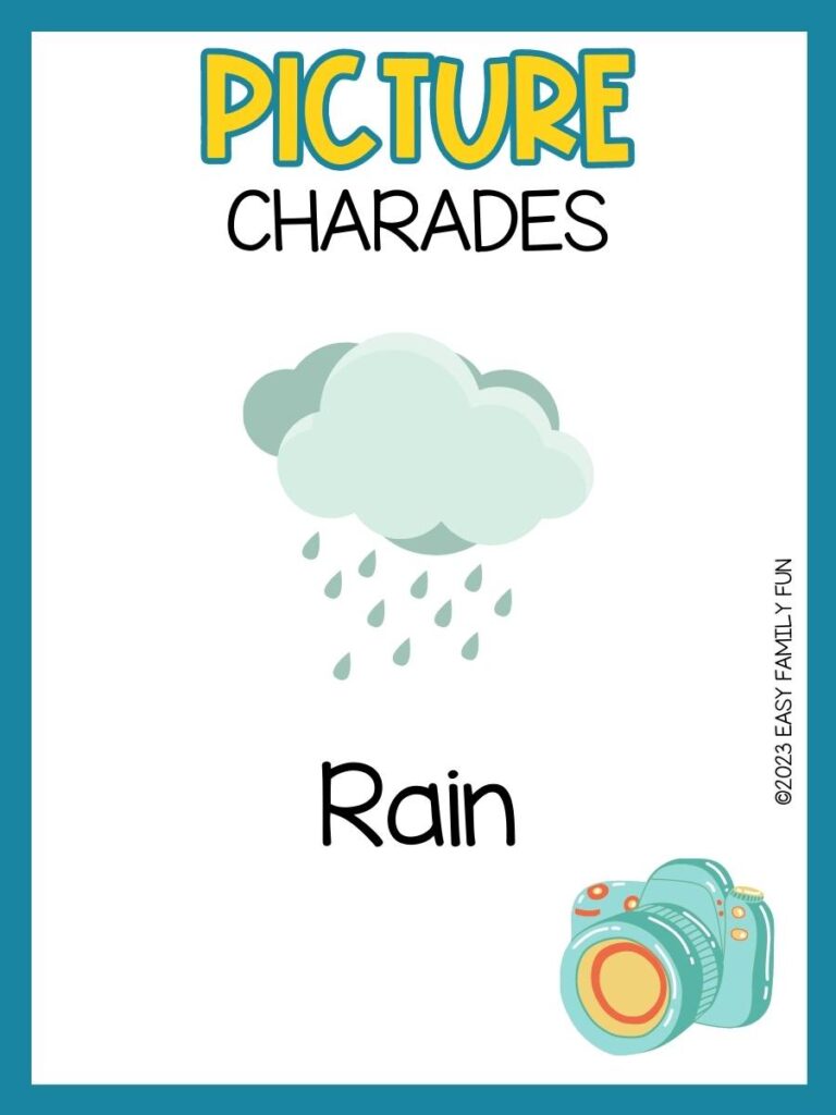 Picture charades with white background and blue border and rain clouds with greenish-gray rain drops and blue camera in bottom corner