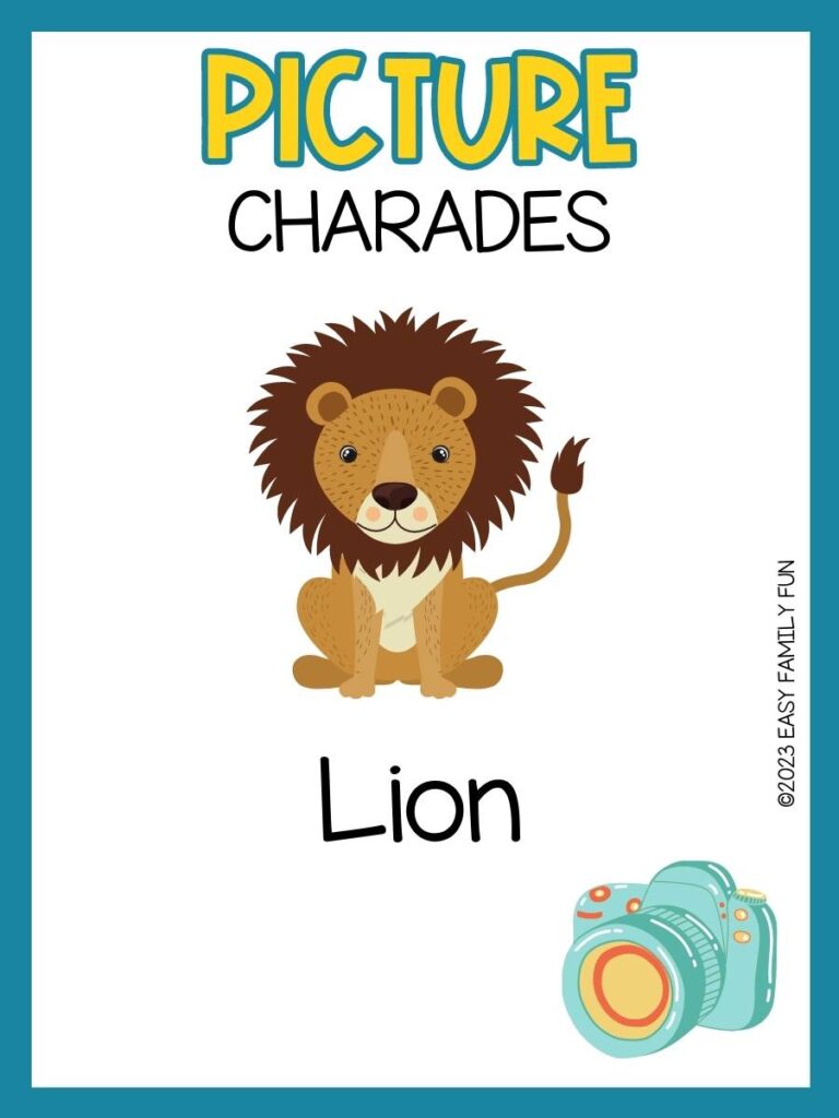 Picture charades with brown sitting lion and blue camera on white background and blue border