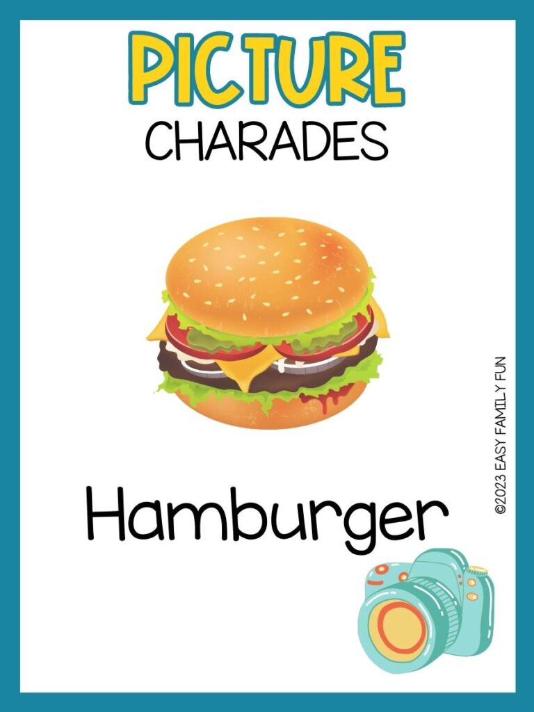 Picture charade with white background and blue border and fully loaded hamburger in center and blue camera in bottom right corner