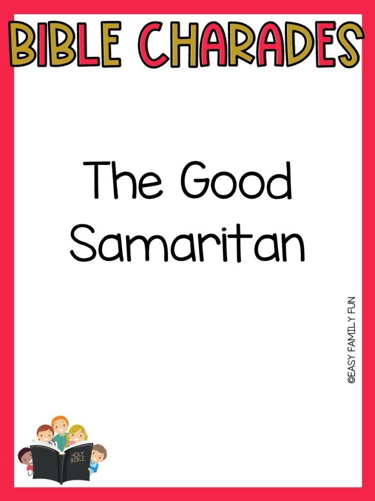 red border with red and gold letters that say bible charades with a bible charades ideas