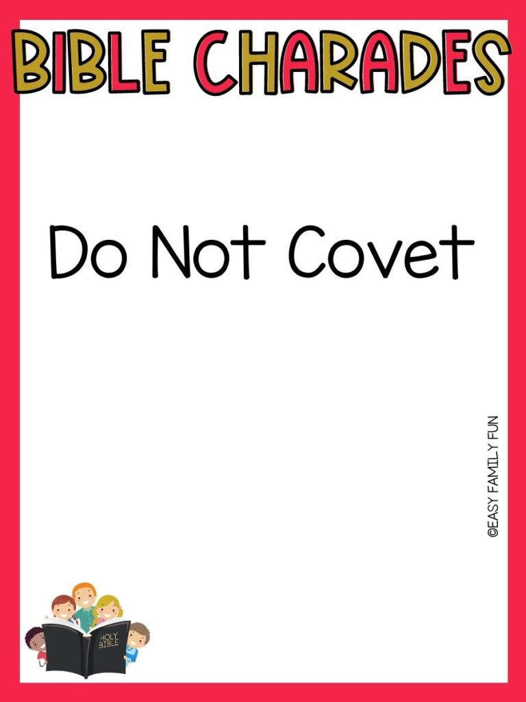 red border with red and gold letters that say bible charades with a bible charades ideas