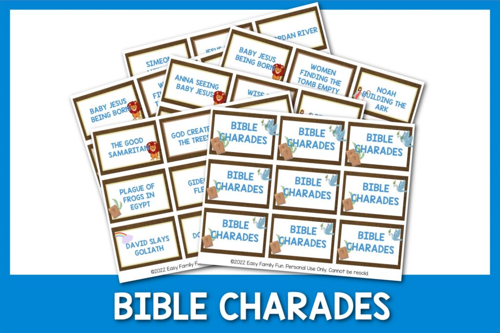 bible charades cards PDF with blue border and white text that says bible charades