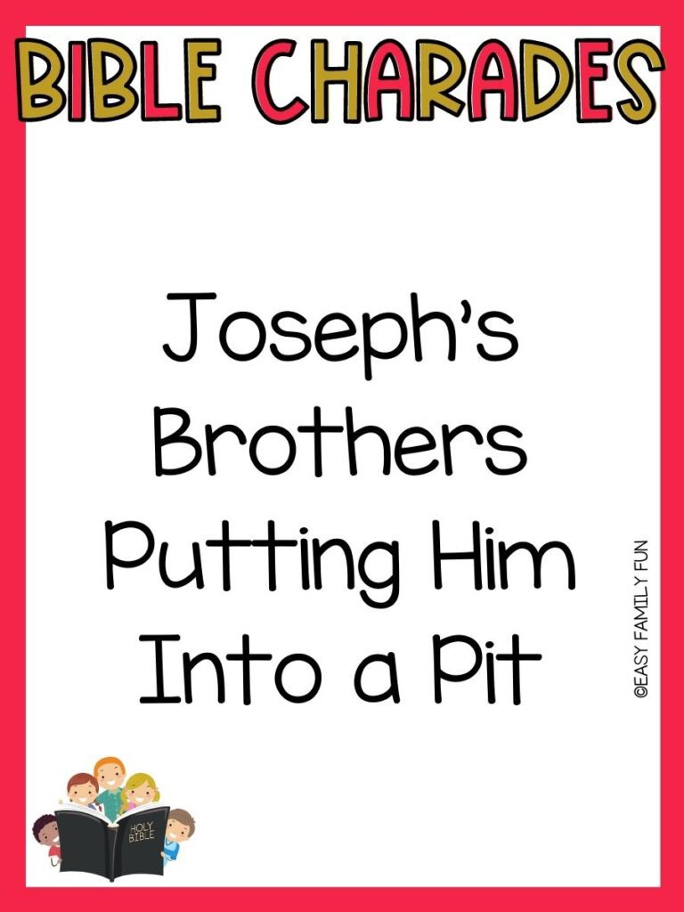 red border with red and gold letters that say bible charades with a bible charades ideas