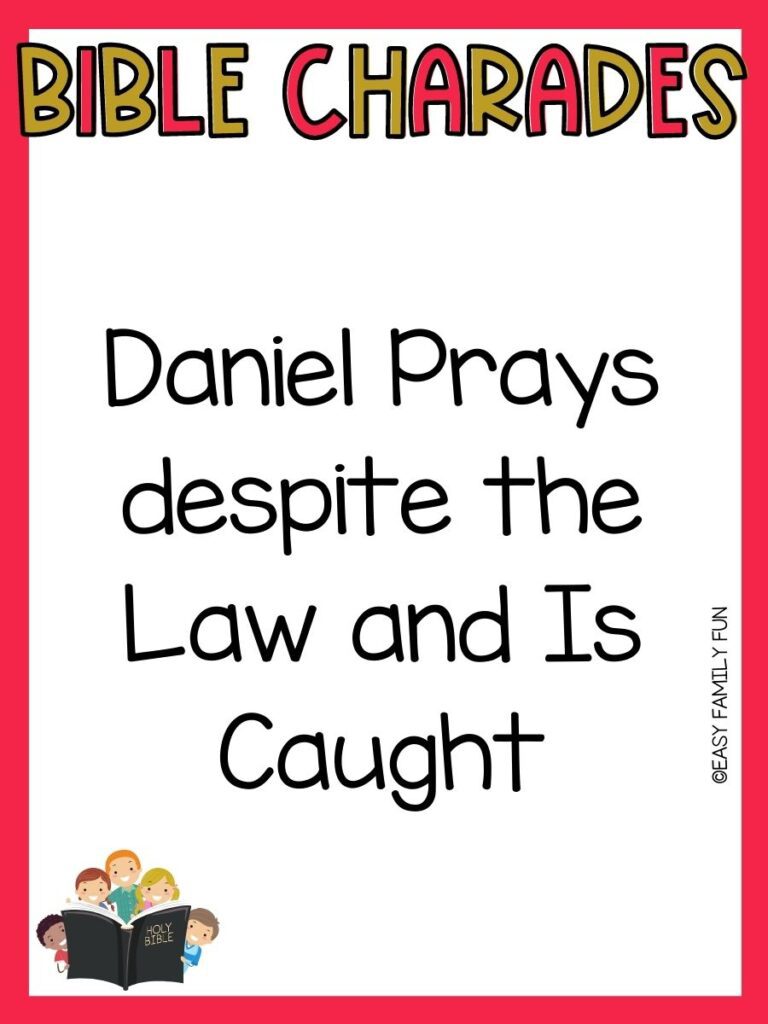 red border with red and gold letters that say bible charades with a bible charades ideas