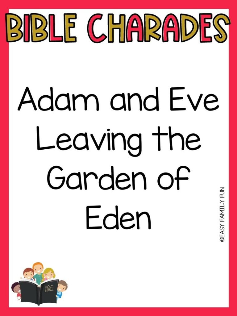 red border with red and gold letters that say bible charades with a bible charades ideas