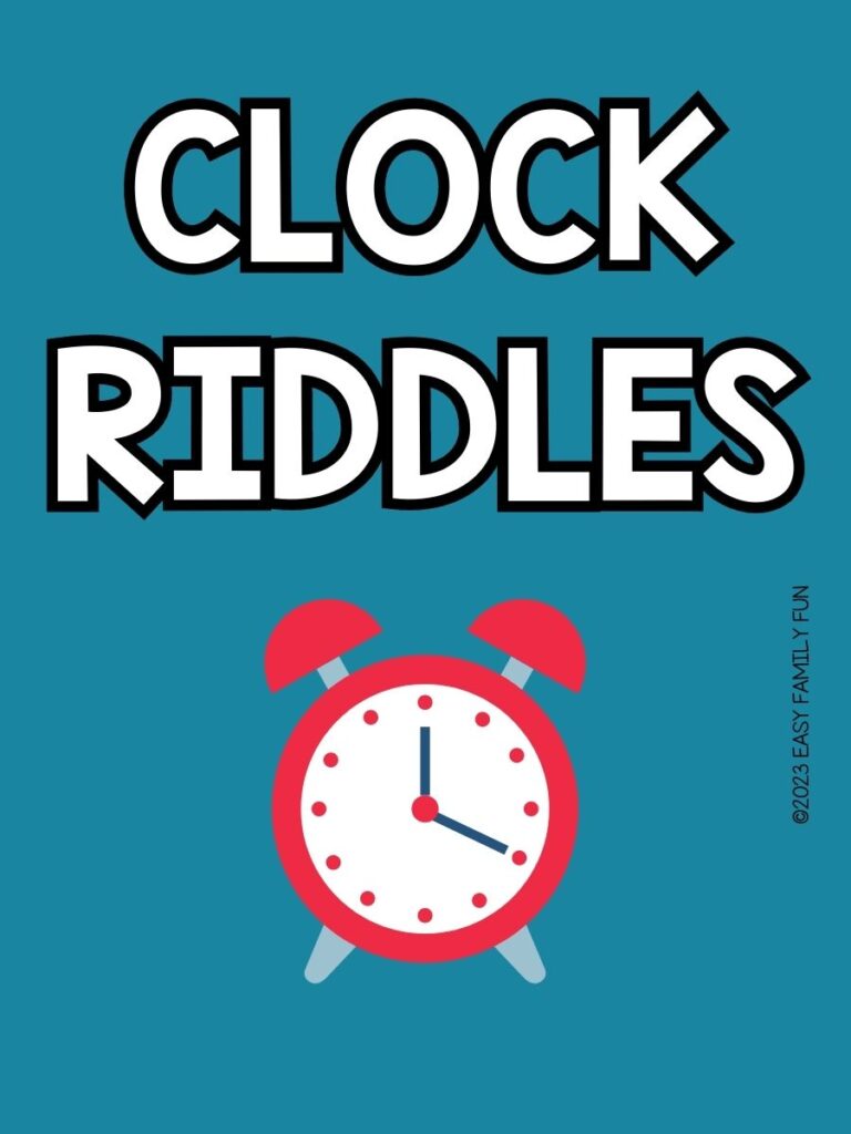 red alarm clock with blue background with white text "clock riddles"
