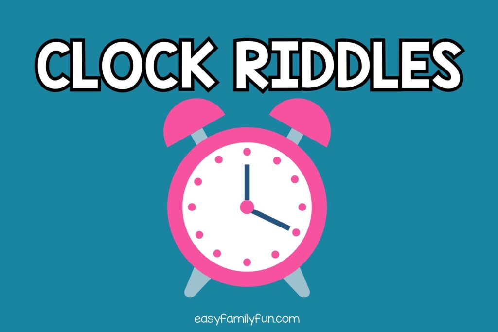 pink alarm clock with blue background with white text "clock riddles"