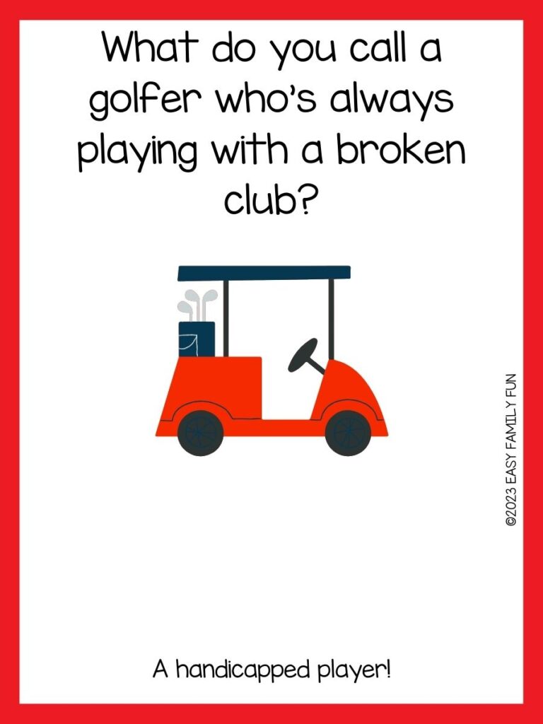 red and blue golf cart with red border and a golf riddle